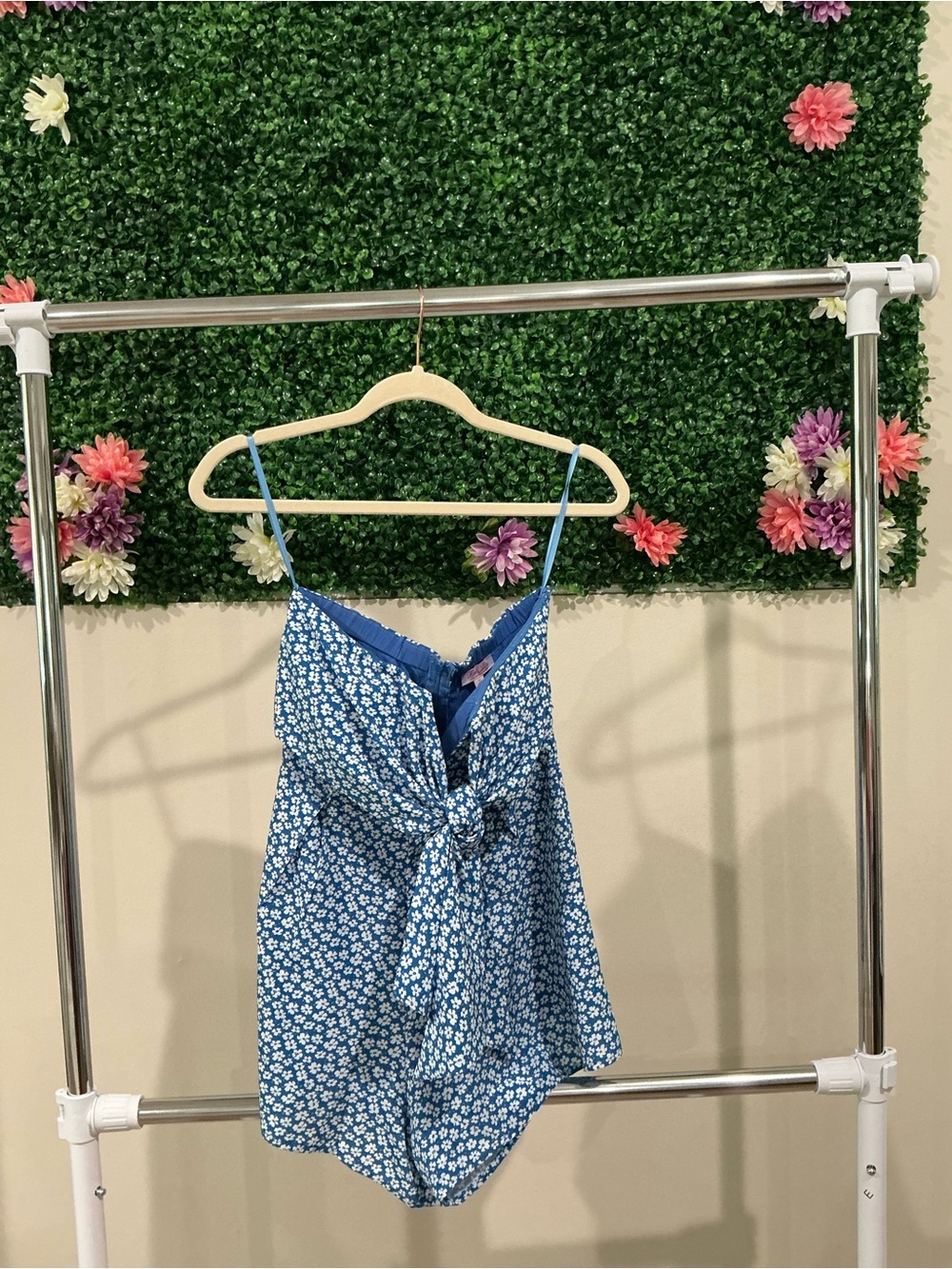 Pink Lily Blue Floral Tie-Front Romper